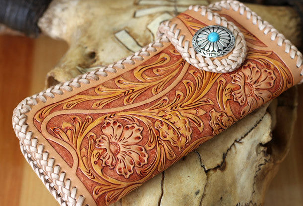 Handmade Tooled Red Leather Floral Biker Chain Wallet Mens Long