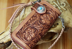 Handmade biker wallet leather floral tooled biker wallet chian bifold Long wallets for men - EverHandmade