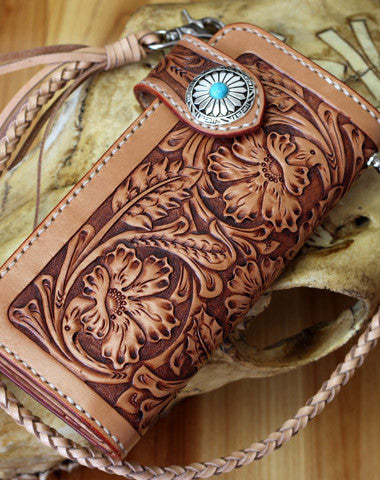 Handmade biker wallet leather floral tooled biker wallet chian bifold Long wallets for men - EverHandmade