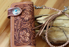 Handmade biker wallet leather floral tooled biker wallet chian bifold Long wallets for men - EverHandmade