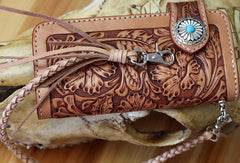 Handmade biker wallet leather floral tooled biker wallet chian bifold Long wallets for men - EverHandmade