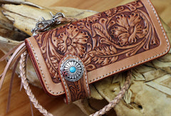 Handmade biker wallet leather floral tooled biker wallet chian bifold Long wallets for men - EverHandmade