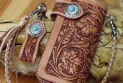 Handmade biker wallet leather floral tooled biker wallet chian bifold Long wallets for men - EverHandmade
