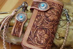 Handmade biker wallet leather floral tooled biker wallet chian bifold Long wallets for men