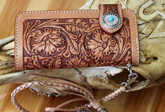 Handmade biker wallet leather floral tooled biker wallet chian bifold Long wallets for men - EverHandmade
