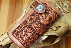 Handmade biker wallet leather floral tooled biker wallet chian bifold Long wallets for men - EverHandmade