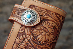 Handmade biker wallet leather floral tooled biker wallet chian bifold Long wallets for men - EverHandmade