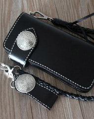 Handmade cool leather biker wallets black chain wallet Long wallet for men