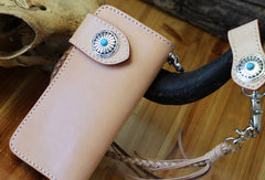 Handmade biker wallet leather beige biker wallet chain bifold Long wallet purse clutch for men - EverHandmade