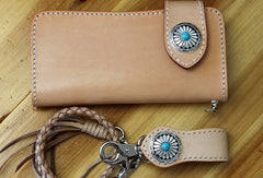 Handmade biker wallet leather beige biker wallet chain bifold Long wallet purse clutch for men - EverHandmade