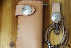 Handmade biker wallet leather beige biker wallet chain bifold Long wallet purse clutch for men - EverHandmade