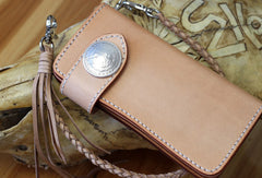 Handmade biker wallet leather beige biker wallet chain bifold Long wallet purse clutch for men - EverHandmade