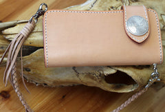 Handmade biker wallet leather beige biker wallet chain bifold Long wallet purse clutch for men - EverHandmade