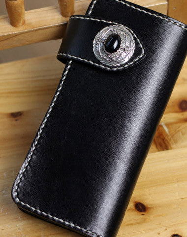 Handmade leather biker wallet black chain wallet bifold Long wallet for men