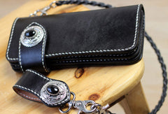 Handmade leather biker wallet black chain wallet bifold Long wallet for men