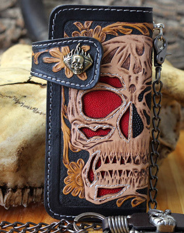 Handmade biker wallet Tooled leather skull chain biker wallet Chain Long wallet for men - EverHandmade