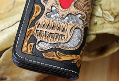 Handmade chain wallet biker wallet leather punk skull carved biker wallet chian Long wallet clutch for men - EverHandmade