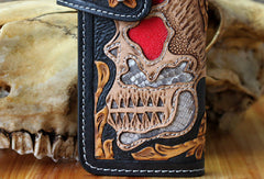 Handmade chain wallet biker wallet leather punk skull carved biker wallet chian Long wallet clutch for men - EverHandmade