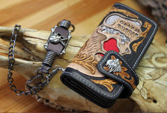 Handmade chain wallet biker wallet leather punk skull carved biker wallet chian Long wallet clutch for men - EverHandmade