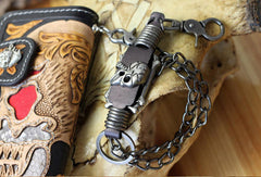 Handmade chain wallet biker wallet leather punk skull carved biker wallet chian Long wallet clutch for men - EverHandmade