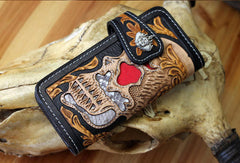 Handmade chain wallet biker wallet leather punk skull carved biker wallet chian Long wallet clutch for men - EverHandmade
