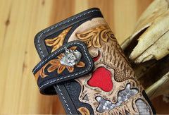 Handmade chain wallet biker wallet leather punk skull carved biker wallet chian Long wallet clutch for men - EverHandmade
