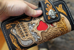Handmade chain wallet biker wallet leather punk skull carved biker wallet chian Long wallet clutch for men - EverHandmade