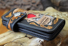 Handmade chain wallet biker wallet leather punk skull carved biker wallet chian Long wallet clutch for men - EverHandmade