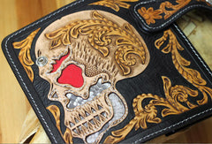 Handmade chain wallet biker wallet leather punk skull carved biker wallet chian Long wallet clutch for men - EverHandmade