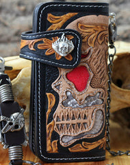 Handmade chain wallet biker wallet leather punk skull carved biker wallet chian Long wallet clutch for men - EverHandmade