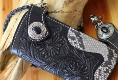 Handmade biker wallet black leather floral carved biker wallet chian bifold Long wallet purse for men