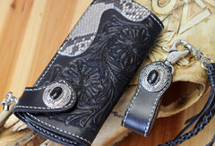 Handmade biker wallet black leather floral carved biker wallet chian bifold Long wallet purse for men