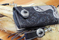 Handmade biker wallet black leather floral carved biker wallet chian bifold Long wallet purse for men