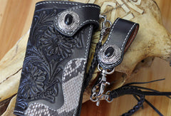 Handmade biker wallet black leather floral carved biker wallet chian bifold Long wallet purse for men