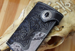 Handmade biker wallet black leather floral carved biker wallet chian bifold Long wallet purse for men