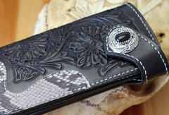 Handmade biker wallet black leather floral carved biker wallet chian bifold Long wallet purse for men