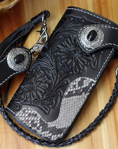 wallets with chains for men Handmade Biker Wallet Black Tooled Leather Wallet Biker Chain Wallets Cool Biker Wallets