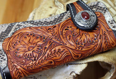 Handmade biker wallet leather floral tooled biker wallets chian bifold Long wallets for men
