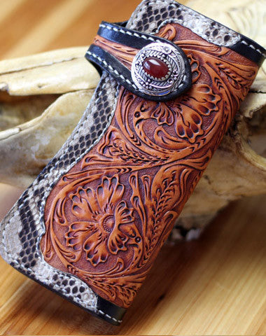 Handmade biker wallet leather floral tooled biker wallets chian bifold Long wallets for men - EverHandmade