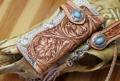 Handmade leather biker wallet floral carved chian bifold Long wallet purse for men