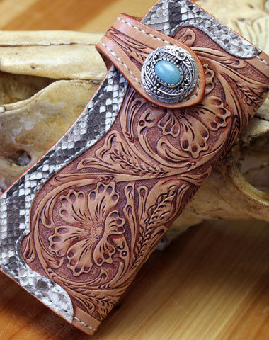 Handmade leather biker wallet floral carved chian bifold Long wallet purse for men - EverHandmade