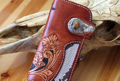 Handmade biker wallet  brown leather floral carved men biker wallet bifold Long wallet for men