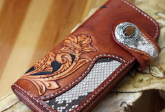 Handmade biker wallet  brown leather floral carved men biker wallet bifold Long wallet for men