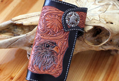 Handmade biker wallet leather floral eagle carved black chain wallet chain Long wallet for men - EverHandmade