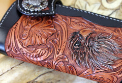 Handmade biker wallet leather floral eagle carved black chain wallet chain Long wallet for men - EverHandmade