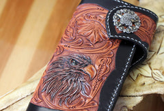 Handmade biker wallet leather floral eagle carved black chain wallet chain Long wallet for men - EverHandmade