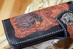 Handmade biker wallet leather floral eagle carved black chain wallet chain Long wallet for men - EverHandmade