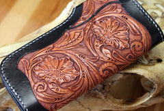 Handmade biker wallet leather floral eagle carved black chain wallet chain Long wallet for men - EverHandmade