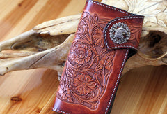 Handmade red brown leather floral eagle carved men biker wallet bifold Long wallet for men