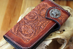 Handmade red brown leather floral eagle carved men biker wallet bifold Long wallet for men